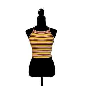 NWT RVCA Crop Top Halter Tank Striped Ribbed Knit High Neck Retro 70s Boho Surf